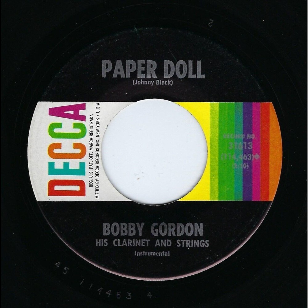 Bobby Gordon Vinyl 45 Paper Doll / Malta on Decca NM  Jazz Easy Listening